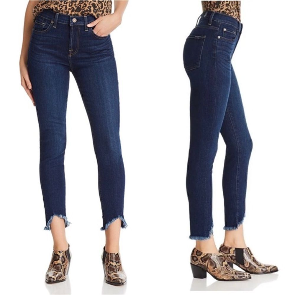 7 For all Mankind Skinny Blue Jeans Distressed Mid Waist Ankle Size 25
